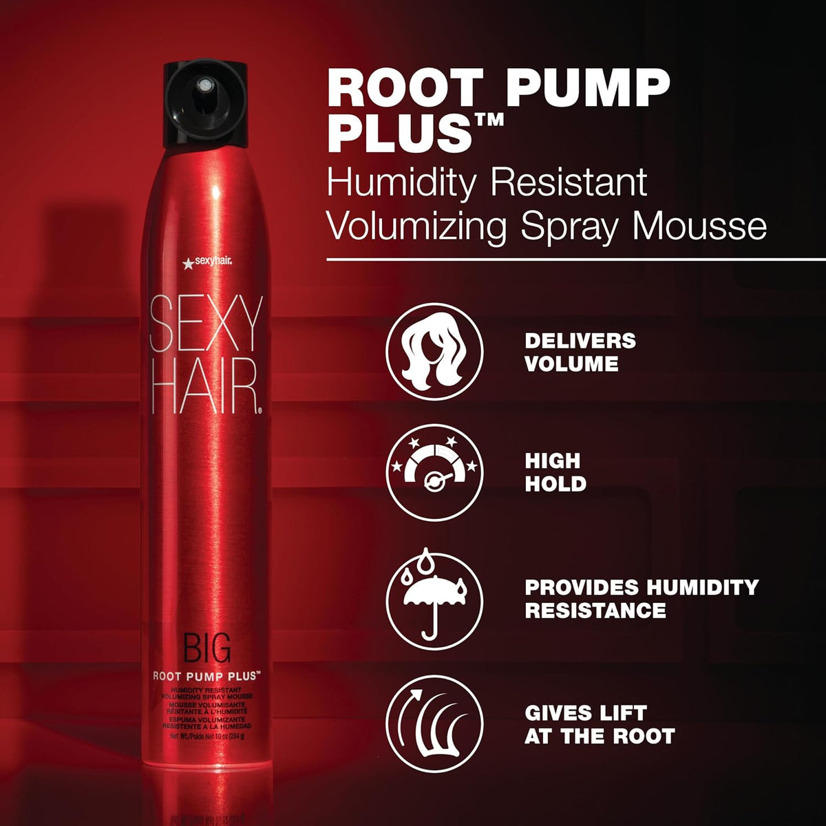 SexyHair Big Root Pump Plus Volumizing Spray Mousse — can with volume, high-hold and humidity-resistance claims
