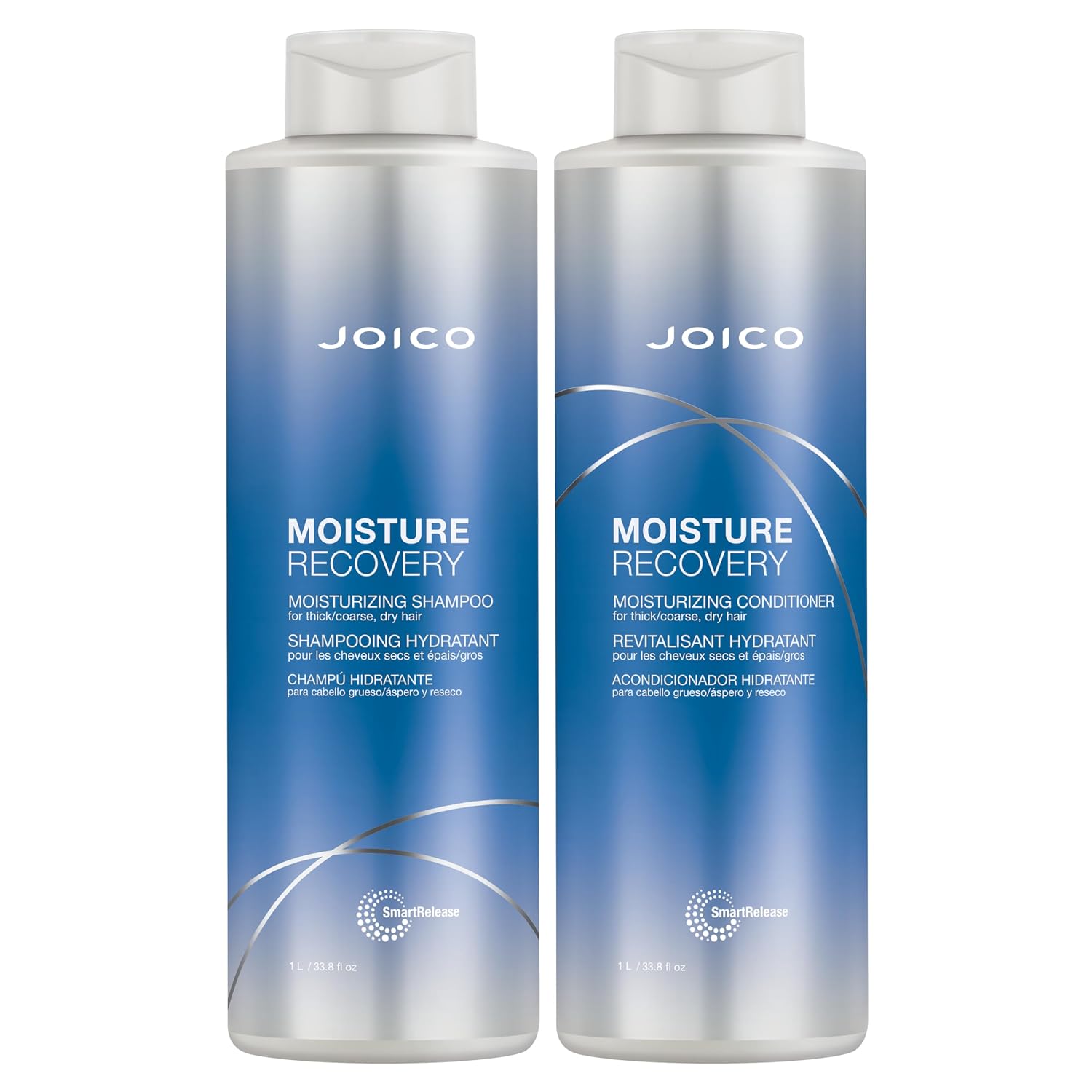 Joico Moisture Recovery Shampoo & Conditioner Duo — two 1 L bottles side by side — shampoo and conditioner back-bar duo, plain white background