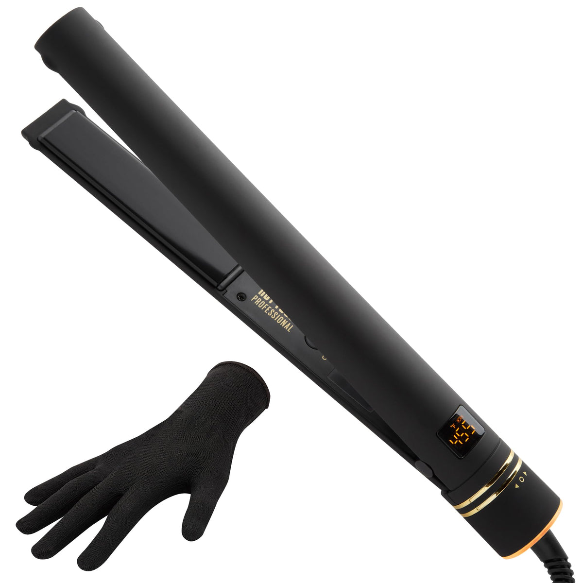 Hot Tools Black Gold Professional Hair Straightener 25 mm — flat iron on white with heat glove