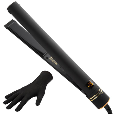 Hot Tools Black Gold Professional Hair Straightener 25 mm — flat iron on white with heat glove