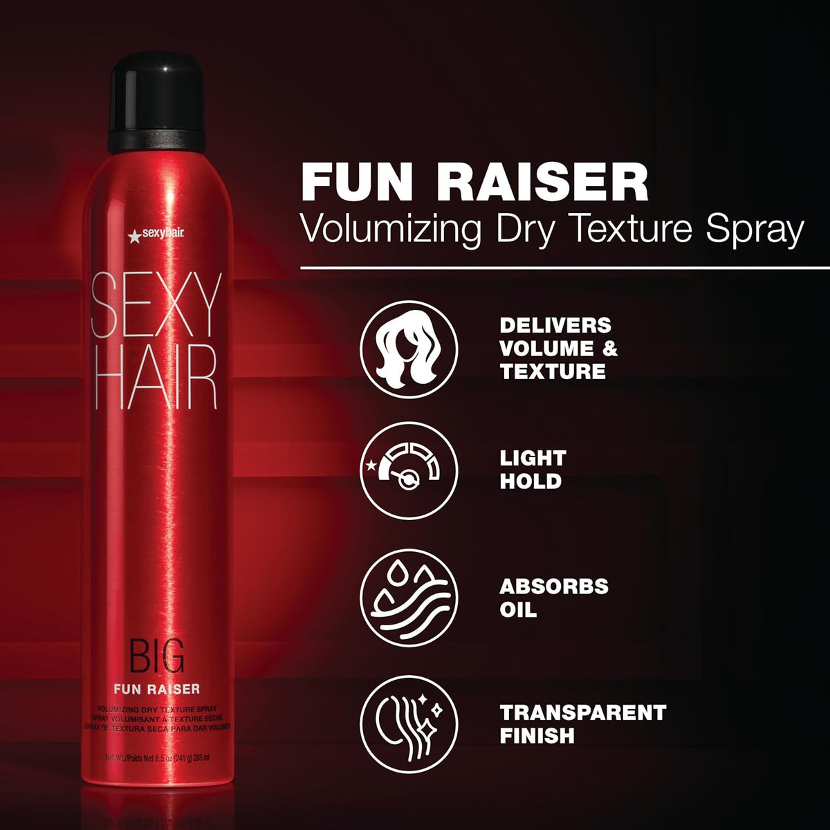 SexyHair Big Fun Raiser Volumizing Dry Texture Spray — can with volume, light hold, oil-absorbing and transparent-finish claims