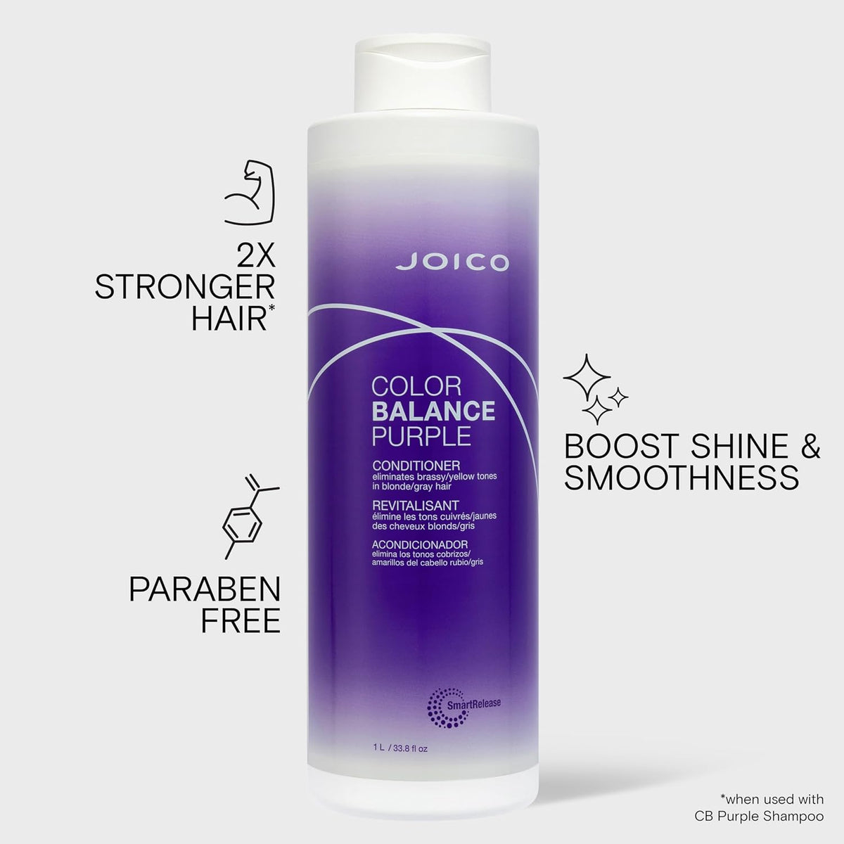 Joico Color Balance Purple Conditioner — benefit graphic on the 1 L bottle — 2x stronger hair, boost shine, paraben free