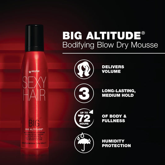 SexyHair Big Altitude Bodifying Blow Dry Mousse — can with volume, medium-hold and humidity-protection claims