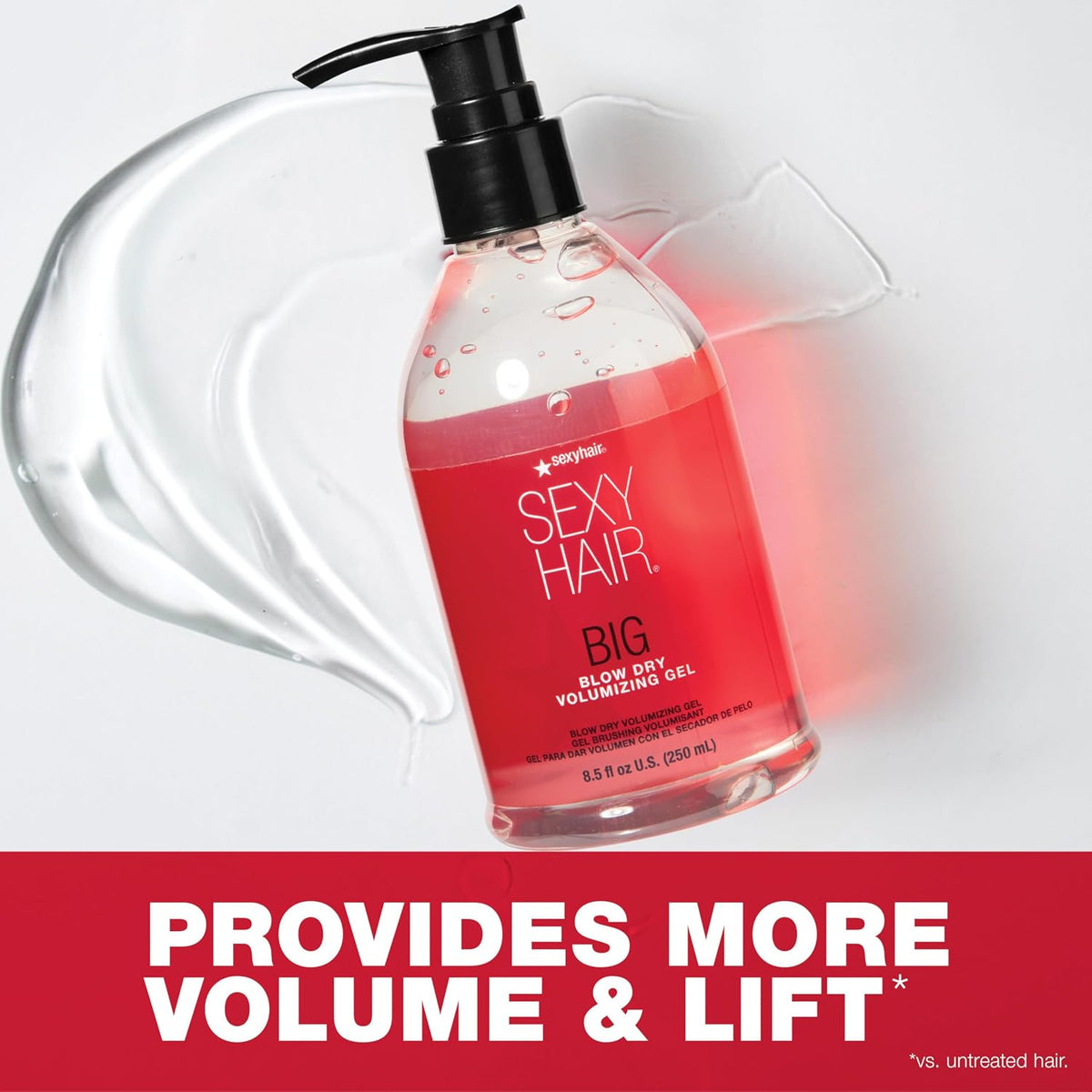 SexyHair Big Blow Dry Volumizing Gel — bottle beside a swatch of the gel, showing the texture