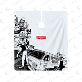 Uppercut Deluxe Barber Cape - Collage — black-and-white collage artwork barber cape hung flat (supplier photograph, carries the Cantin Beauté watermark; no clean replacement located)