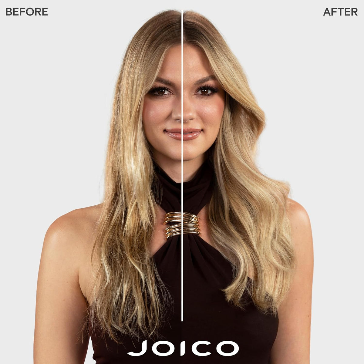 Joico Defy Damage In a Flash — before-and-after model result, Joico brand frame