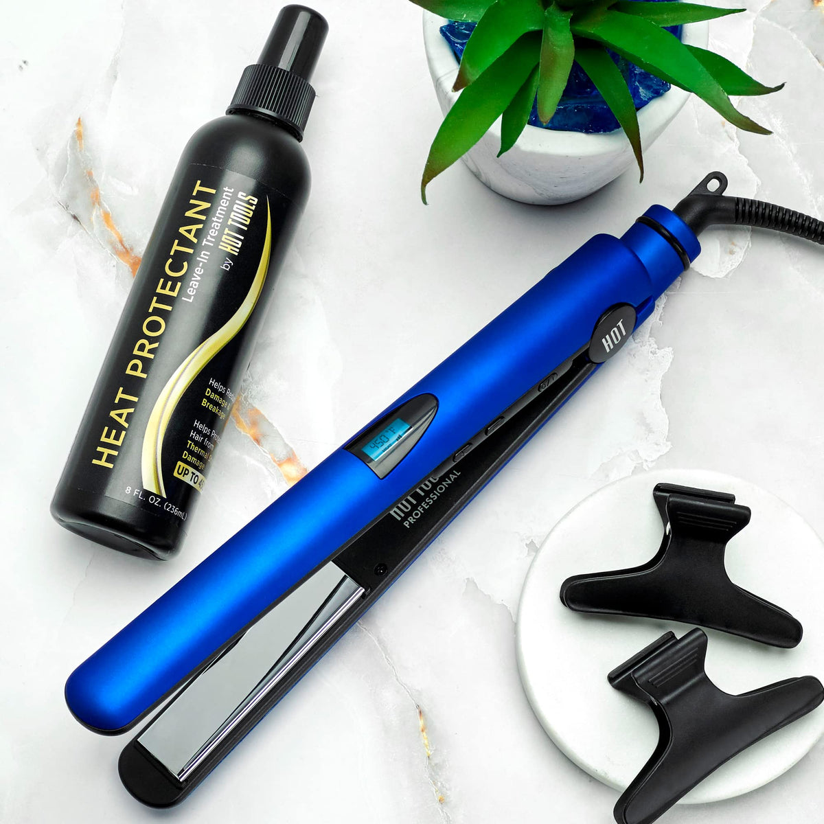 Hot Tools 1" digital flat iron in blue, shown with heat protectant and sectioning clips