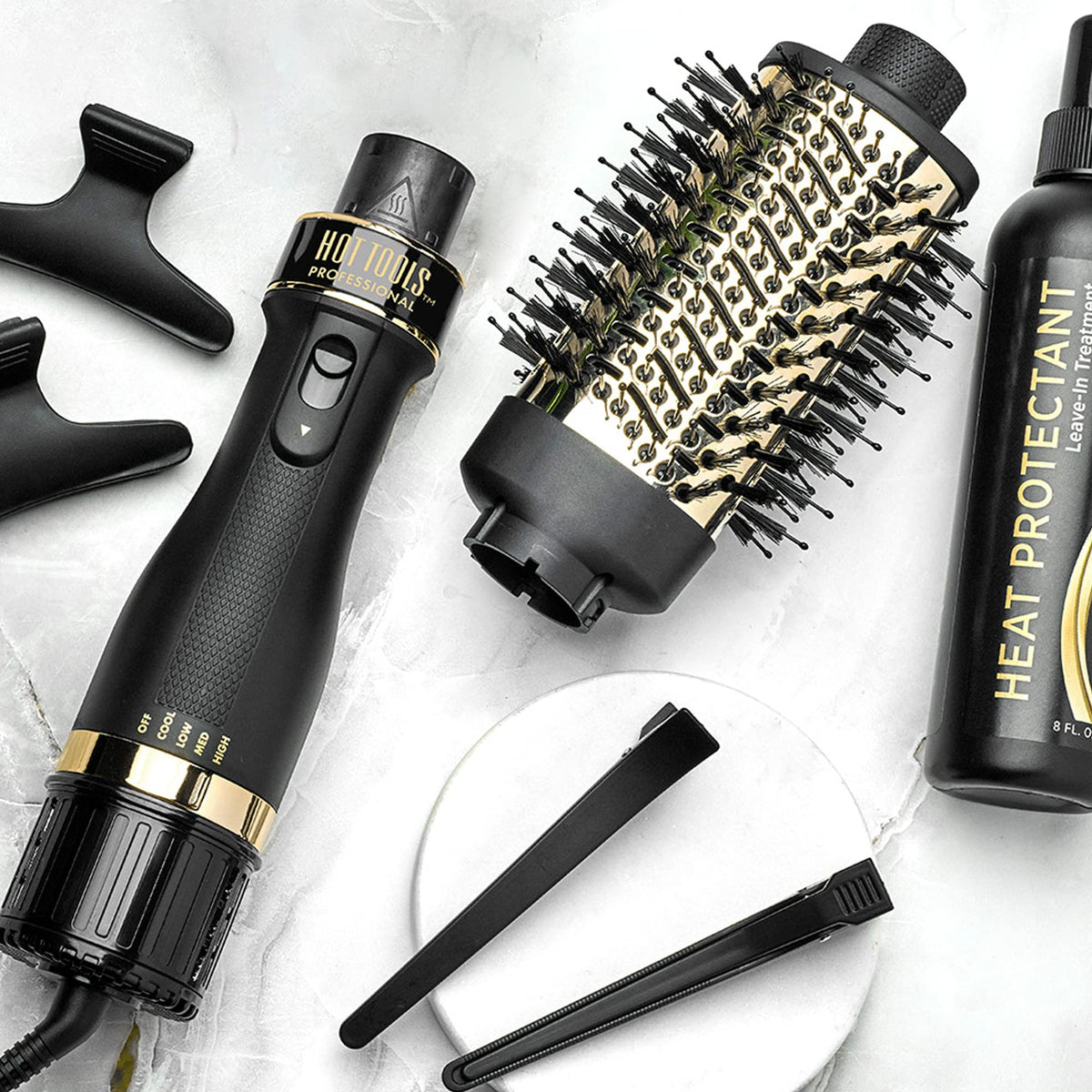 Hot Tools 24K Gold one-step small blowout with the gold brush head detached from the handle