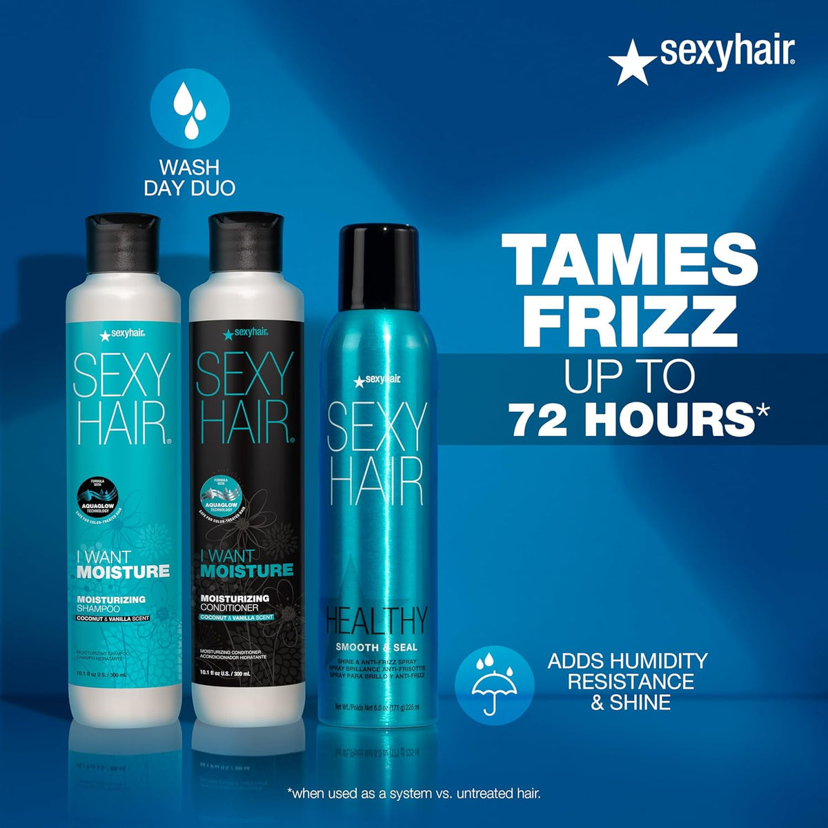 SexyHair Healthy Smooth & Seal Shine & Anti-Frizz Spray — tames frizz up to 72 hours, shown beside the Moisture wash-day duo