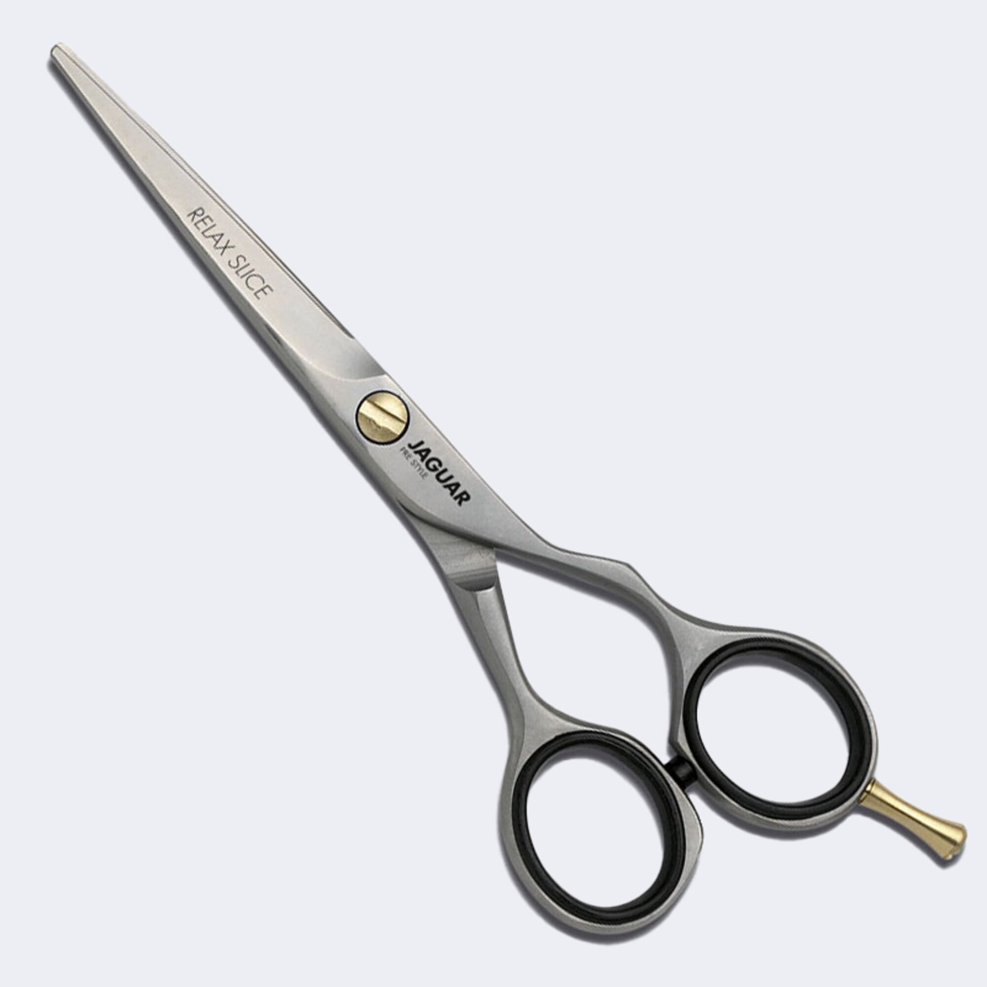 Jaguar Pre Style Relax Slice — 6 inch offset hairdressing shear with polished slice-cutting blade, RELAX SLICE engraving, full side view on a plain white background