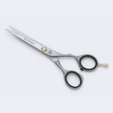 Jaguar Pre Style Relax — 5.5 inch offset hairdressing shear in satin finish, blade engraved JAGUAR GERMANY 82355, full side view on a plain white background