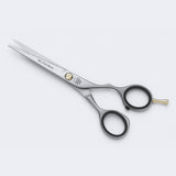 Jaguar Pre Style Relax — 6 inch offset hairdressing shear in satin finish, manufacturer range image shared across the Pre Style Relax size run, full side view on a plain white background