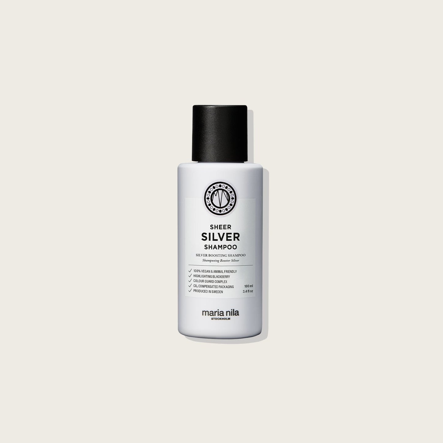 Maria Nila Sheer Silver Booster Shampoo — 100ml bottle, front label, plain background