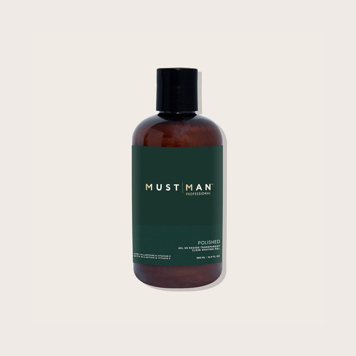 Must Man Professional Polished Clear Shaving Gel — 500 ml amber bottle, front label, plain off-white background