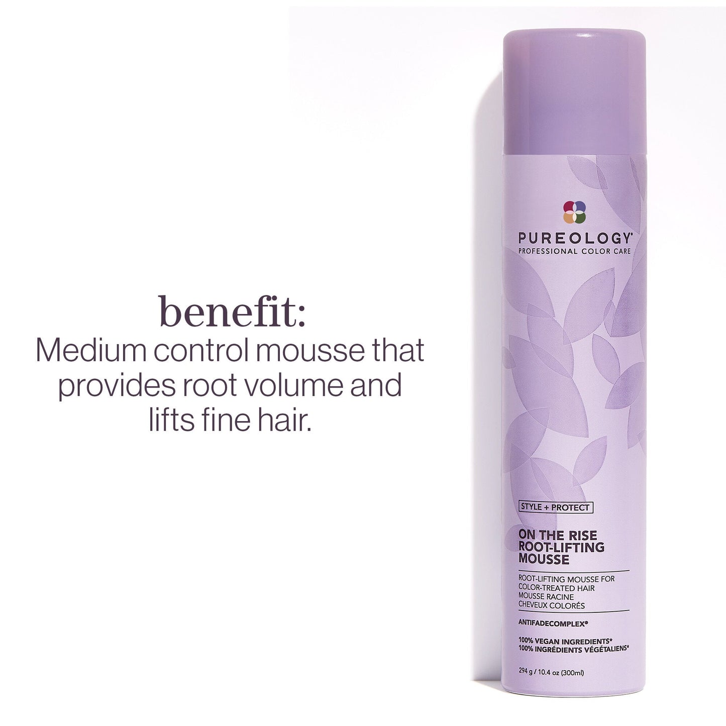 Pureology Style + Protect On the Rise Root-Lift Mousse — benefit card: medium control mousse for root volume and lift on fine hair