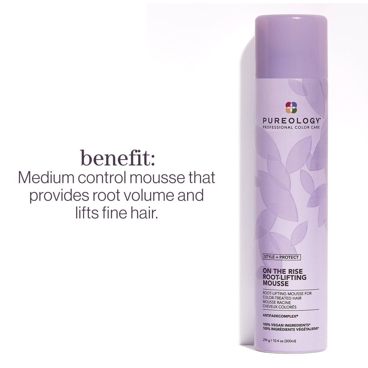 Pureology Style + Protect On the Rise Root-Lift Mousse — benefit card: medium control mousse for root volume and lift on fine hair