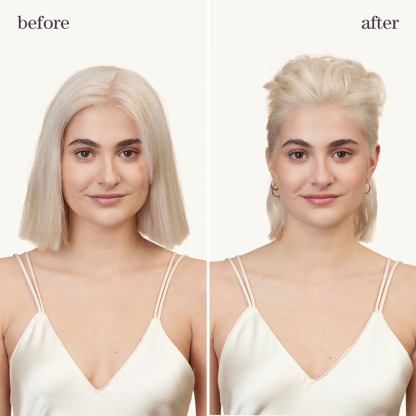 Pureology Style + Protect On the Rise Root-Lift Mousse — before and after on blonde hair, added root volume