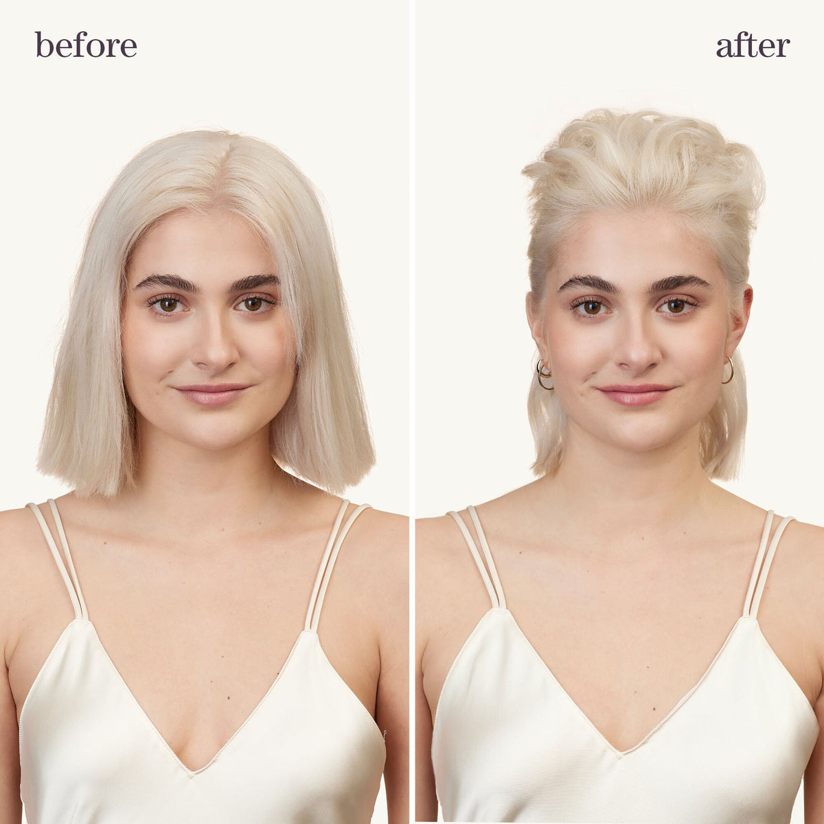Pureology Style + Protect On the Rise Root-Lift Mousse — before and after on blonde hair, added root volume