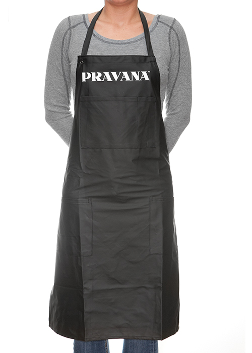 PRAVANA Apron — black colouring apron with PRAVANA logo, front view, plain background