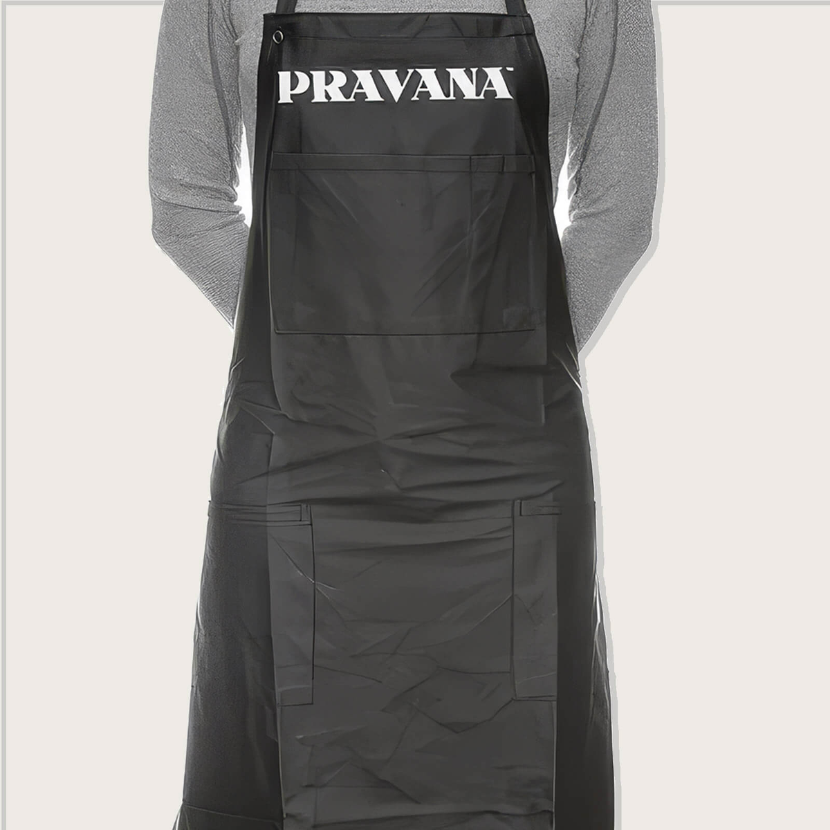 Pravana Apron — black colouring apron with Pravana logo, front view, plain background