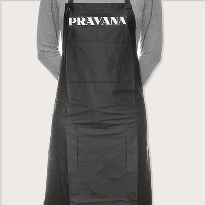 Pravana Apron — black colouring apron with Pravana logo, front view, plain background