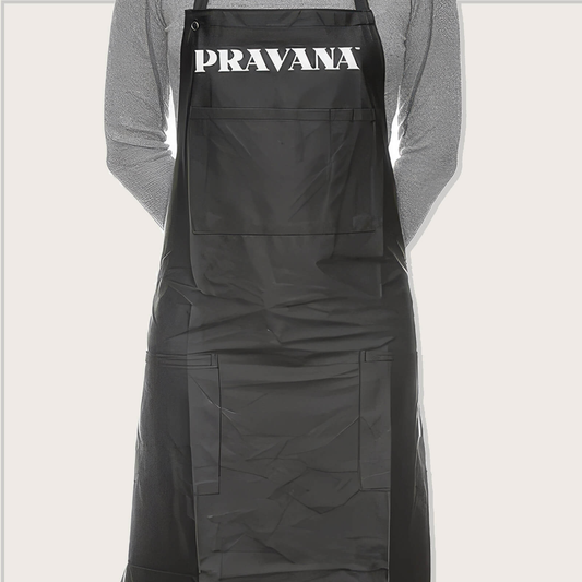 Pravana Apron — black colouring apron with Pravana logo, front view, plain background