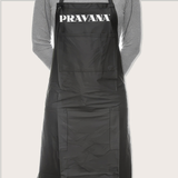 Pravana Apron — black colouring apron with Pravana logo, front view, plain background