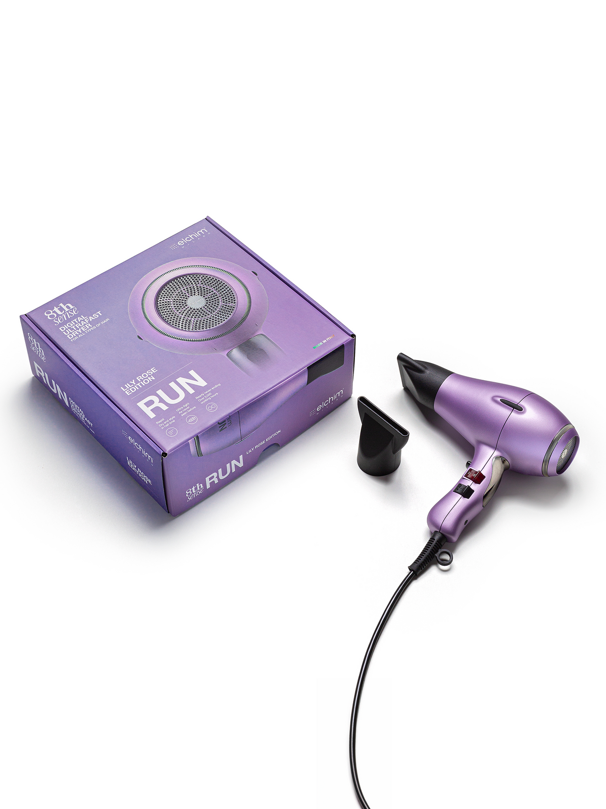 Elchim 8th Sense Run hair dryer, Lily Rose Edition, with its box