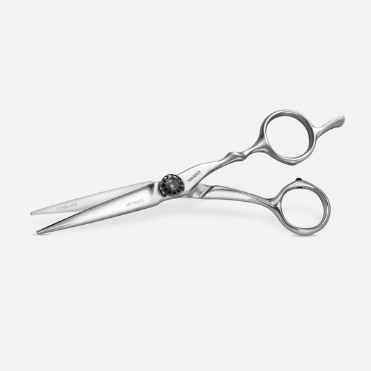 Tondeo Mythos 5.5-inch offset haircutting scissors, silver, angled view