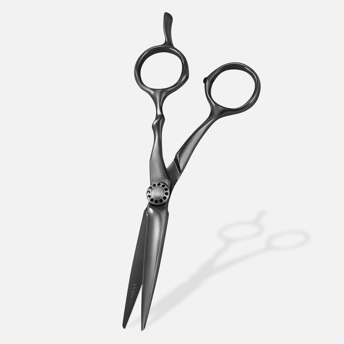 Tondeo Mythos Black 5.5-inch offset haircutting scissors, standing view