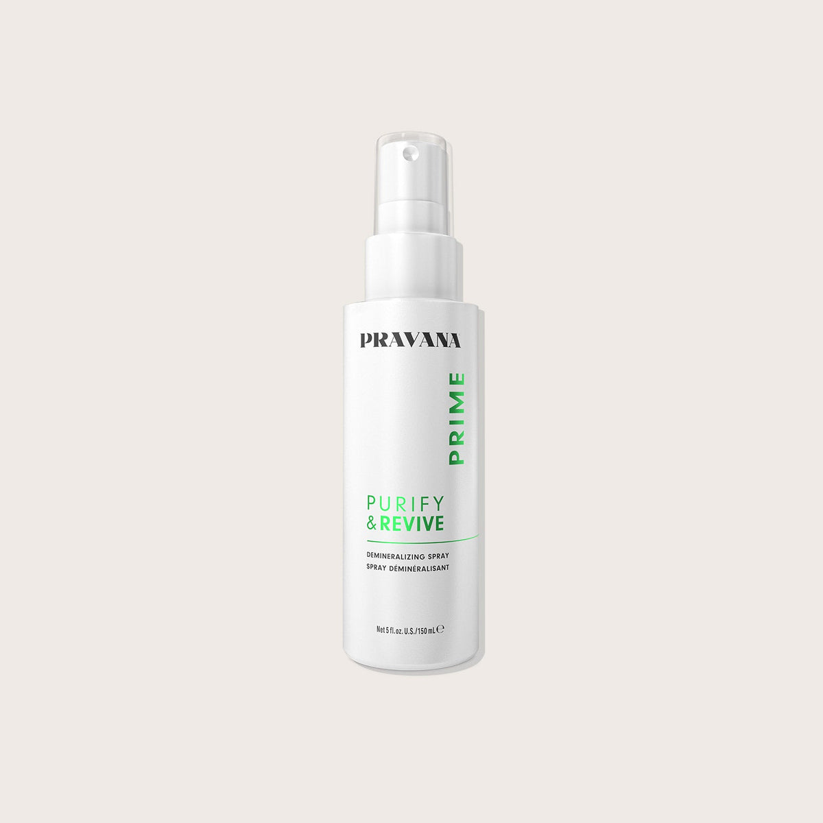 Spray demineralisant Purify & Revive — flacon vaporisateur blanc PRIME 150 ml, etiquette de face, fond uni