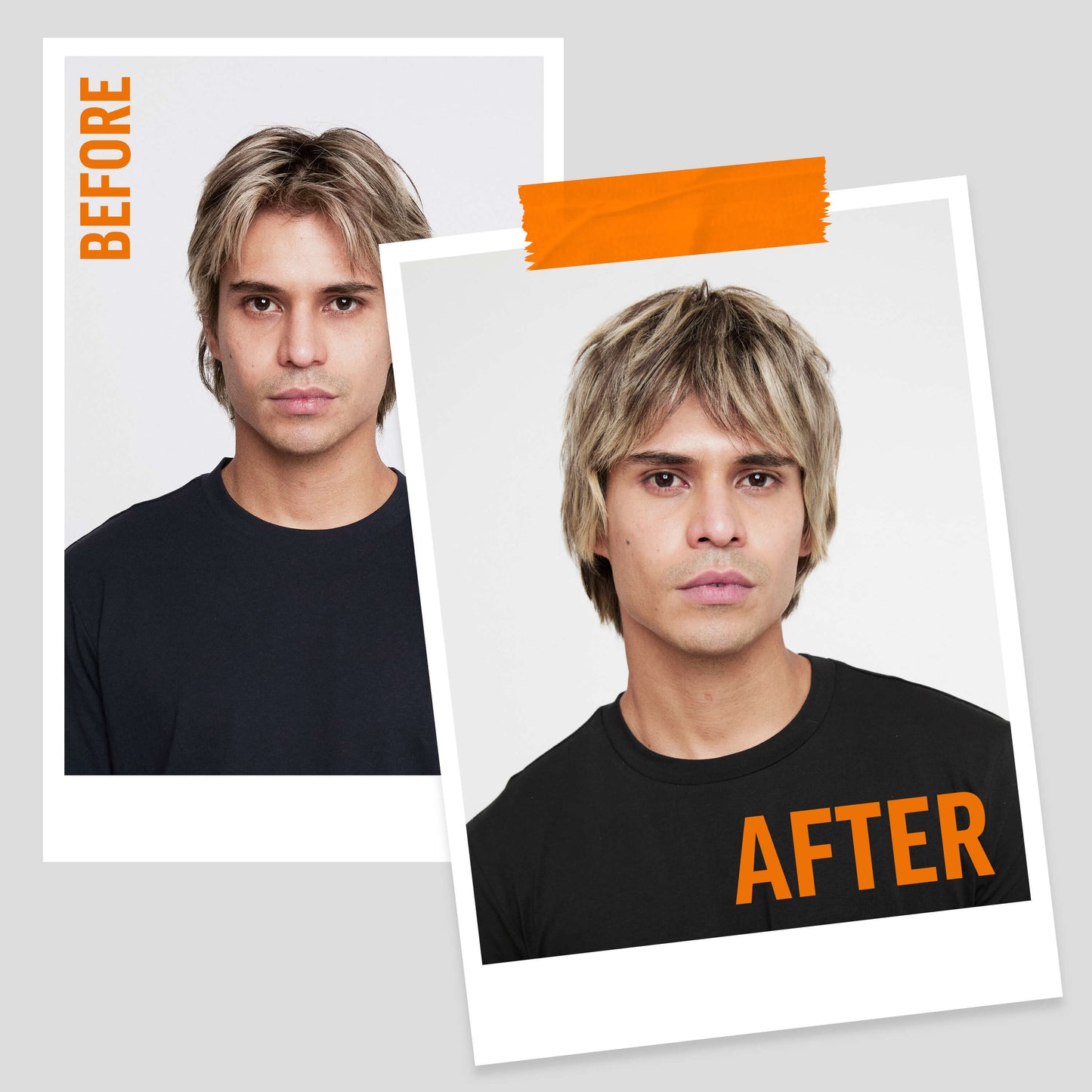 American Crew Alternator Finishing Spray 100ml — before-and-after pair showing the model's hair before and after finishing with Alternator
