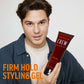 American Crew Firm Hold Styling Gel — model holding the 1 L tube, front label reading 1L / 33.8 Fl. Oz.