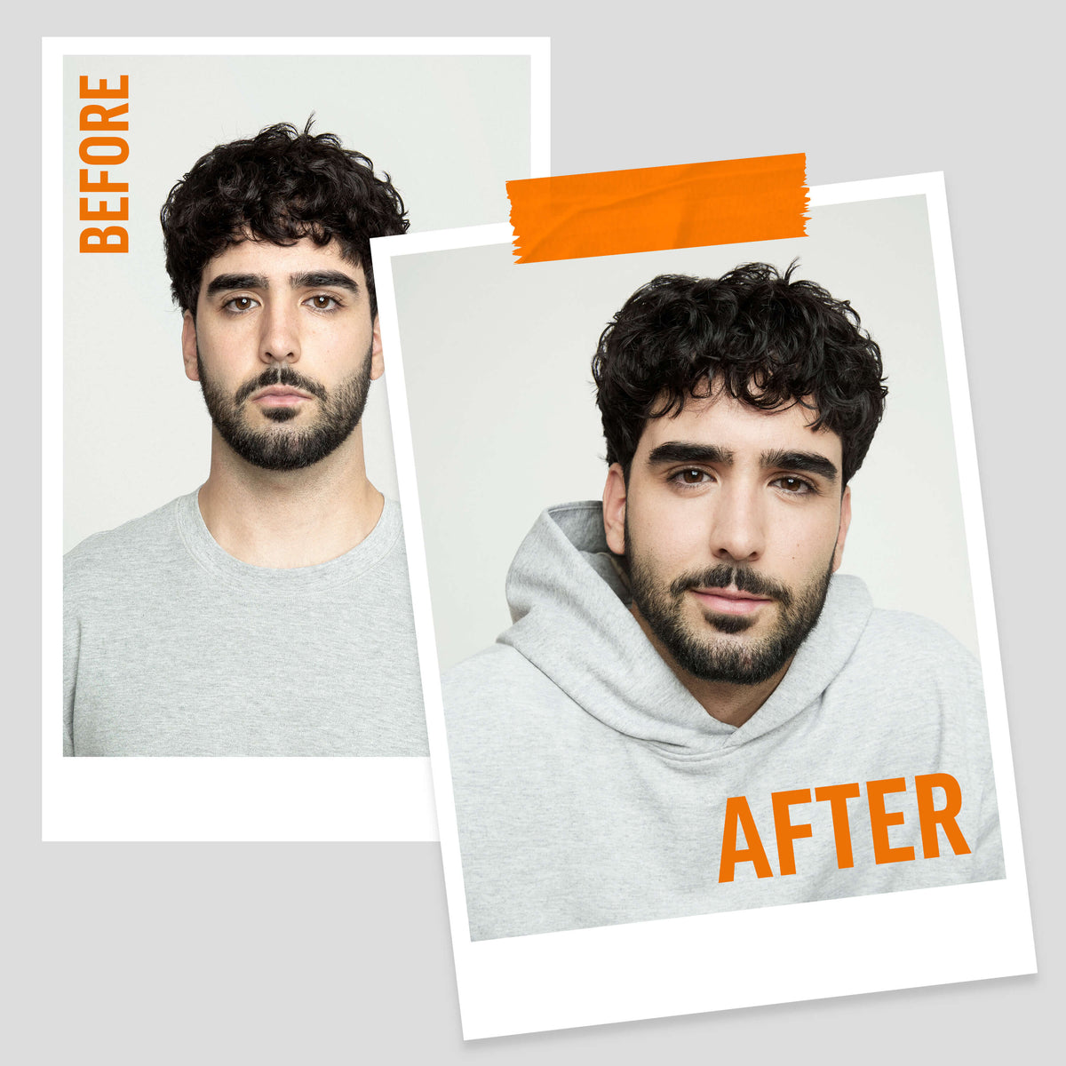 American Crew Medium Hold Spray Gel 250ml — before-and-after pair showing the same model's hair before and after styling with Medium Hold Spray Gel