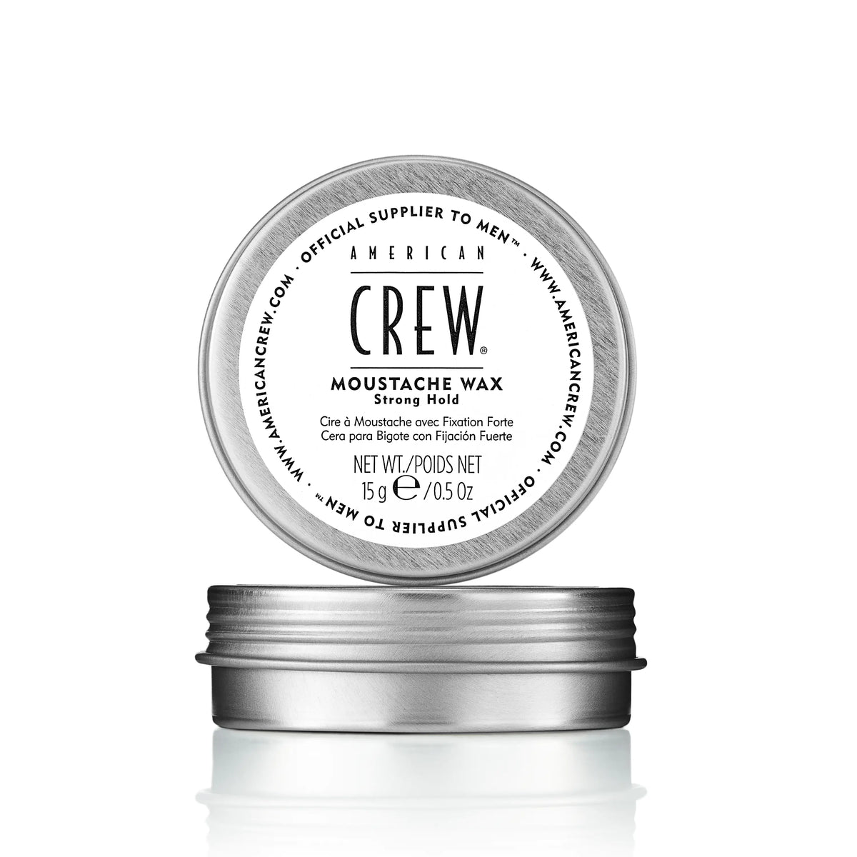 American Crew Moustache Wax — 15 g tin with lid lifted, plain white background