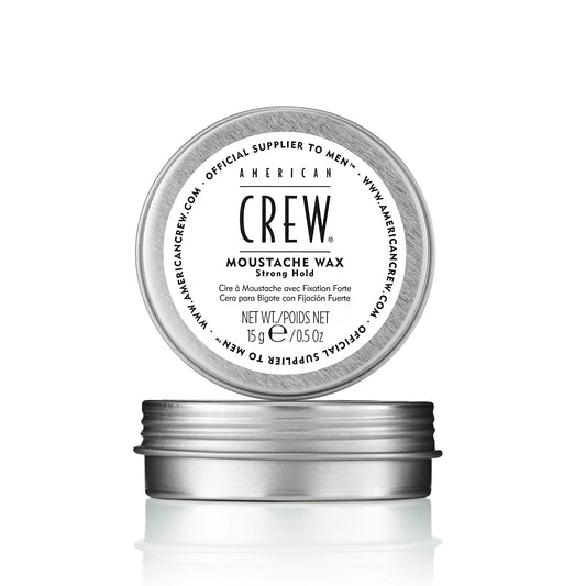 American Crew Moustache Wax — 15 g tin with lid lifted, plain white background