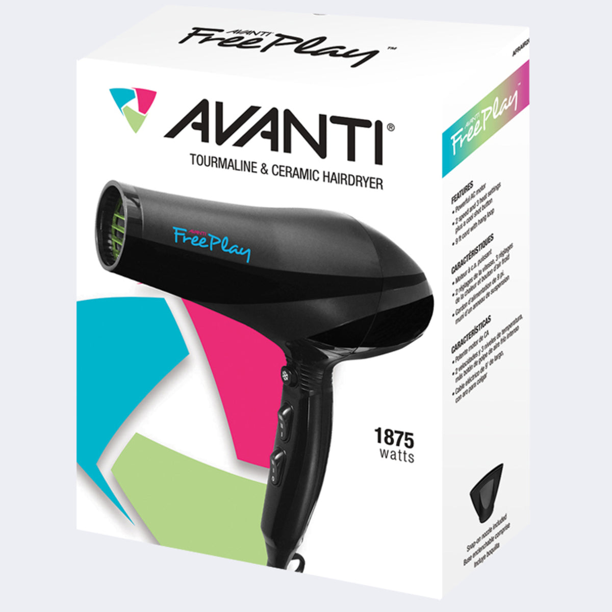 Avanti FreePlay Tourmaline & Ceramic Hair Dryer – FreePlay retail box with the hair dryer shown / Séchoir Avanti FreePlay en tourmaline et céramique – boîte de vente FreePlay avec le sèche-cheveux