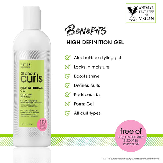 All About Curls High Definition Gel — 443 ml bottle with brand benefits chart: alcohol-free, locks in moisture, boosts shine, defines curls