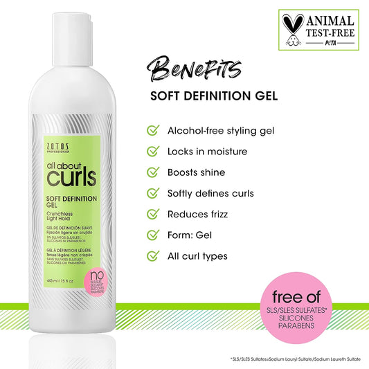 All About Curls Soft Definition Gel — 443 ml bottle with brand benefits chart: alcohol-free, locks in moisture, boosts shine, softly defines curls