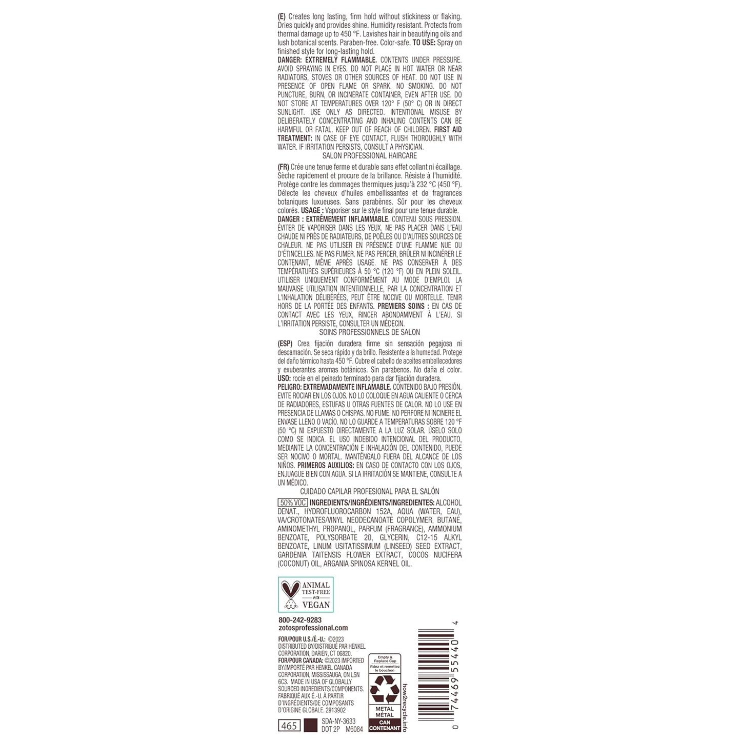 Bain de Terre Infinite Hold Firm Finishing Spray — product back label with ingredients and directions