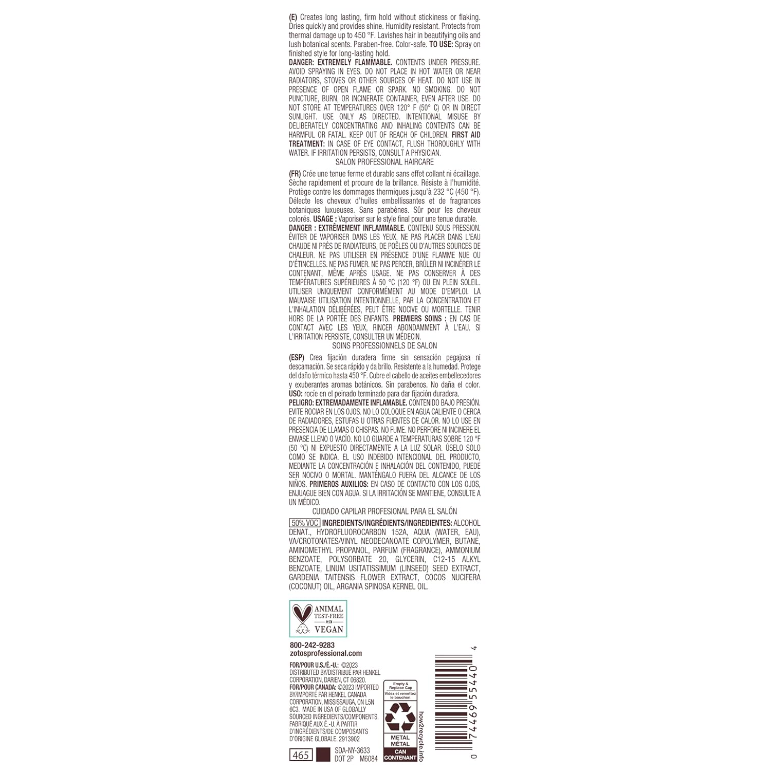 Bain de Terre Infinite Hold Firm Finishing Spray — product back label with ingredients and directions