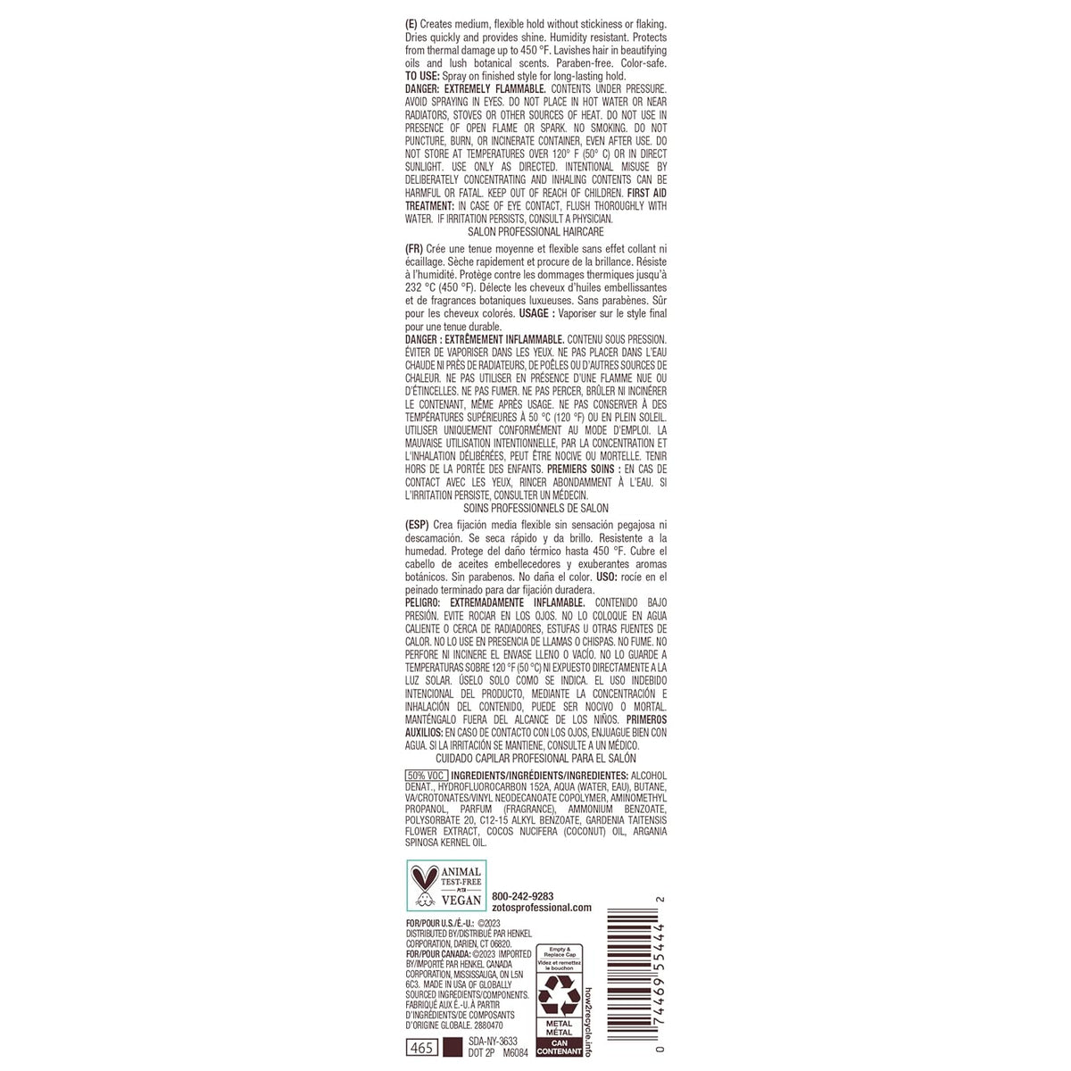 Bain de Terre Stay N' Shape Flexible Shaping Spray — product back label with ingredients and directions