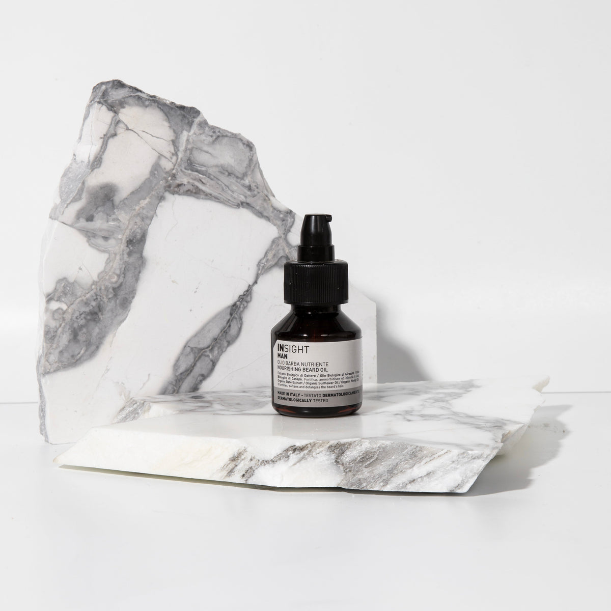 Insight MAN Nourishing Beard Oil 50 ml — 50 ml amber pump bottle with grey MAN front label, official brand packshot