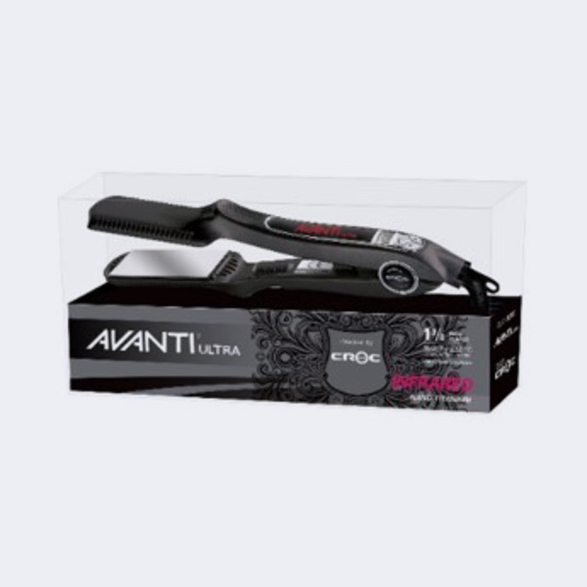 Avanti 1-3/8" Titanium Infrared Flat Iron – Digital Heat to 450°F — Avanti Ultra CROC retail box with the flat iron - retail packaging box with the product shown / Fer plat infrarouge en titane Avanti de 1 3/8 po – Chaleur numérique jusqu’à 450 °F — boîte de vente Avanti Ultra CROC avec le fer plat - boîte de vente avec le produit