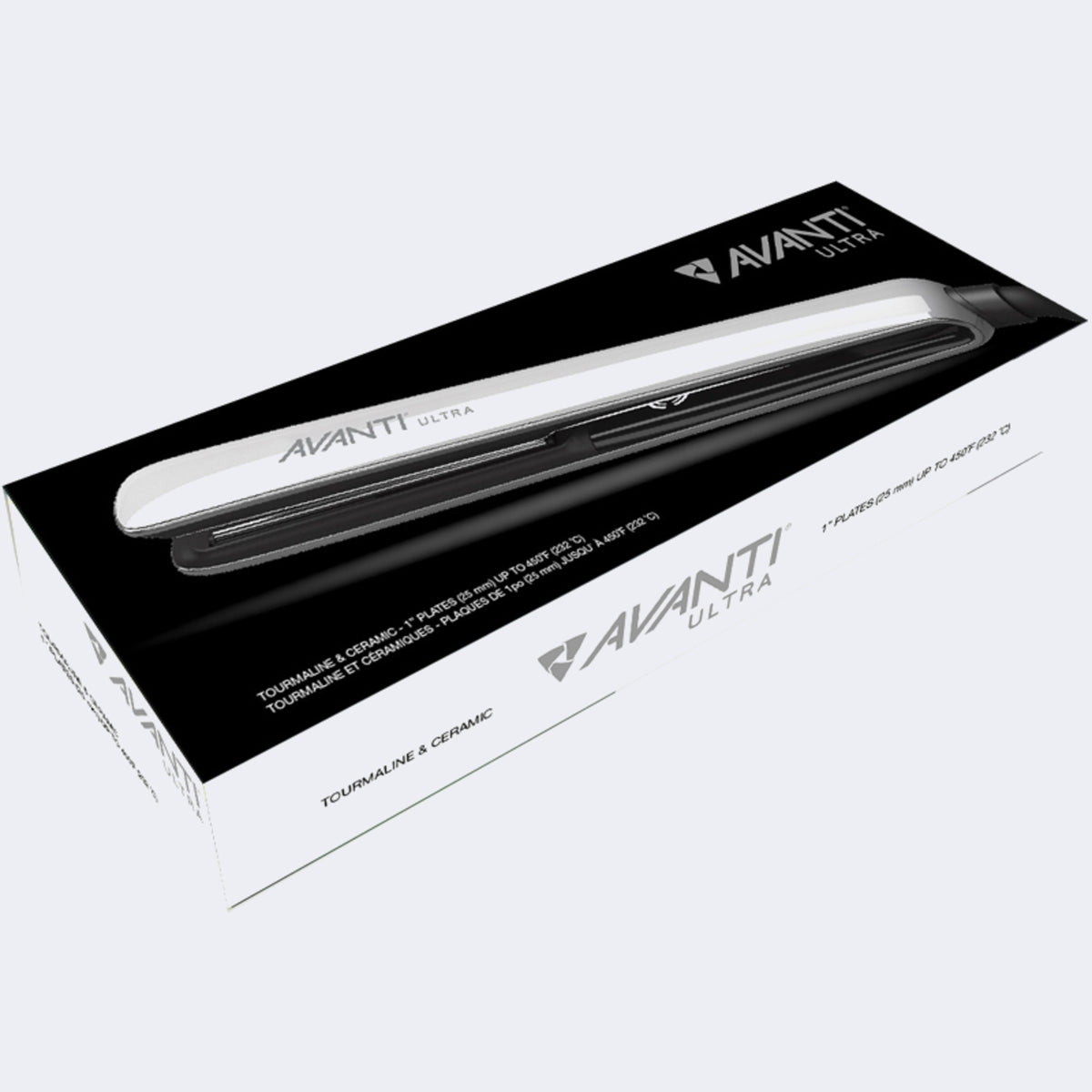 Avanti Ultra 1" Tourmaline & Ceramic Flat Iron – Avanti Ultra tourmaline and ceramic 1-inch retail box with the flat iron shown / Fer plat Avanti Ultra en tourmaline et céramique de 1 po – boîte de vente Avanti Ultra tourmaline et céramique 1 po avec le fer plat