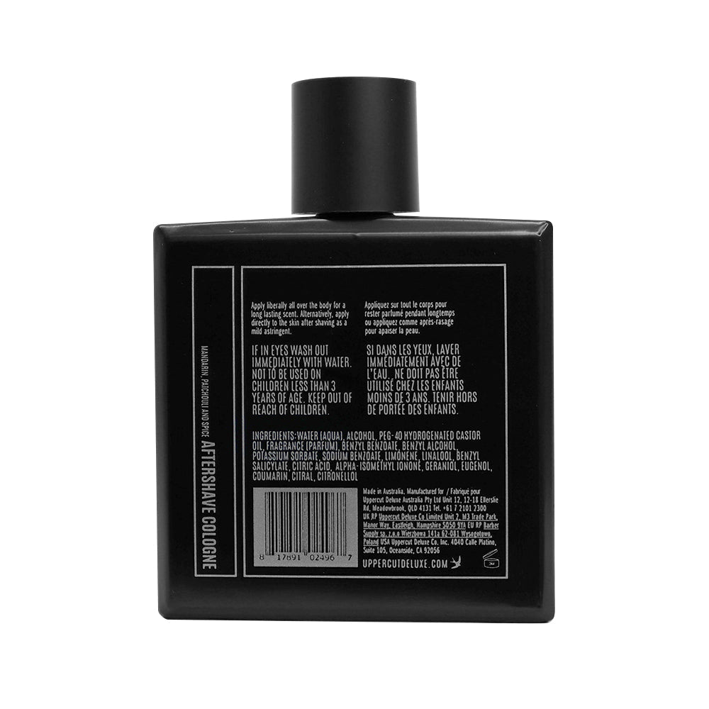 Uppercut Deluxe Aftershave Cologne 100 ml — black 100 ml glass bottle, back label with ingredients, white background