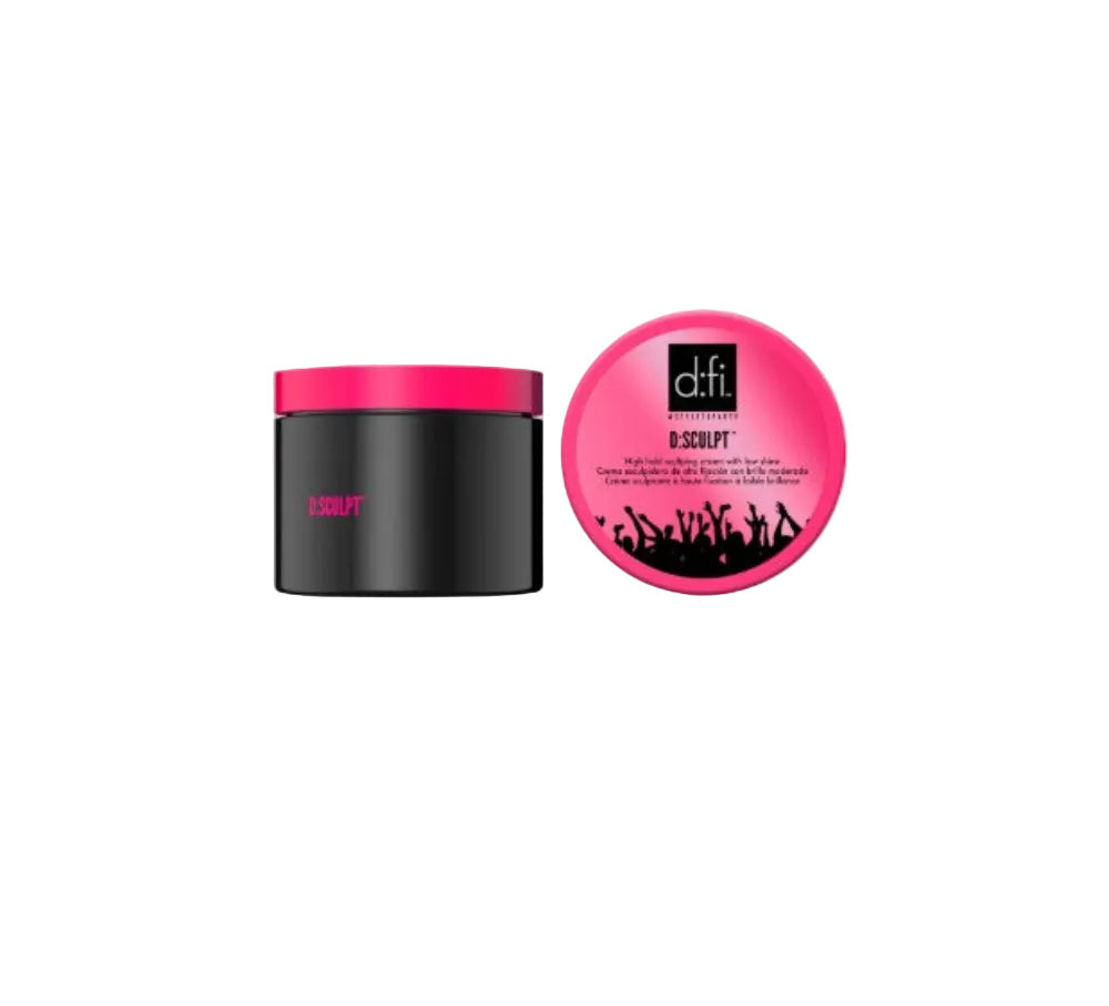 D:Fi D:Sculpt Sculpting Cream — closed black jar with pink rim shown beside the pink lid face, on white