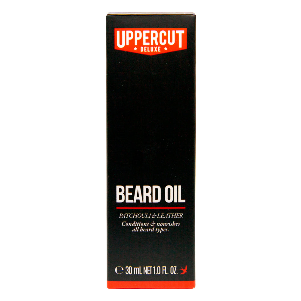 Uppercut Deluxe Beard Oil 30 ml — 30 ml beard oil retail carton, front face, plain white background