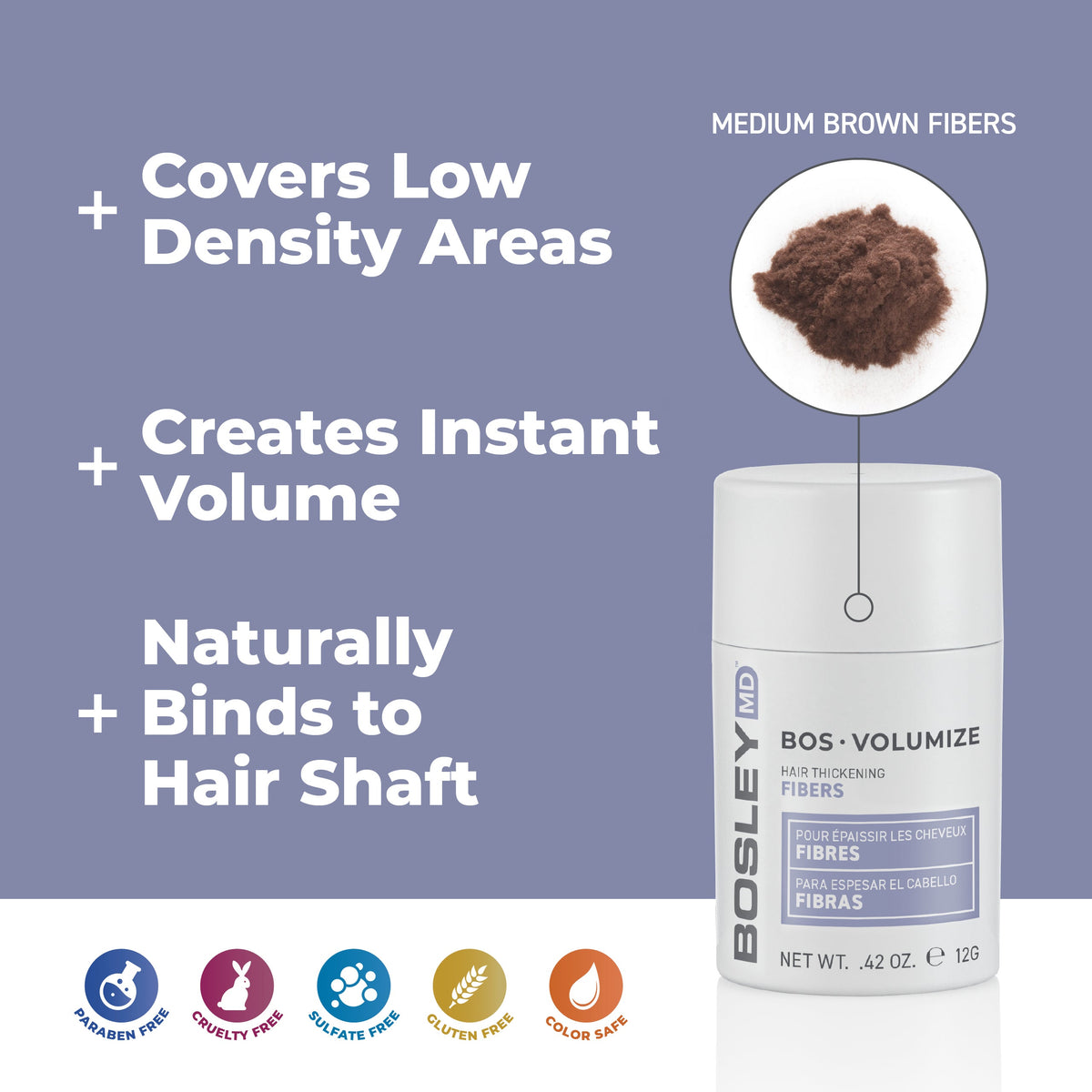 BosleyMD BosVolumize Hair Thickening Fibers – Medium Brown 12 g