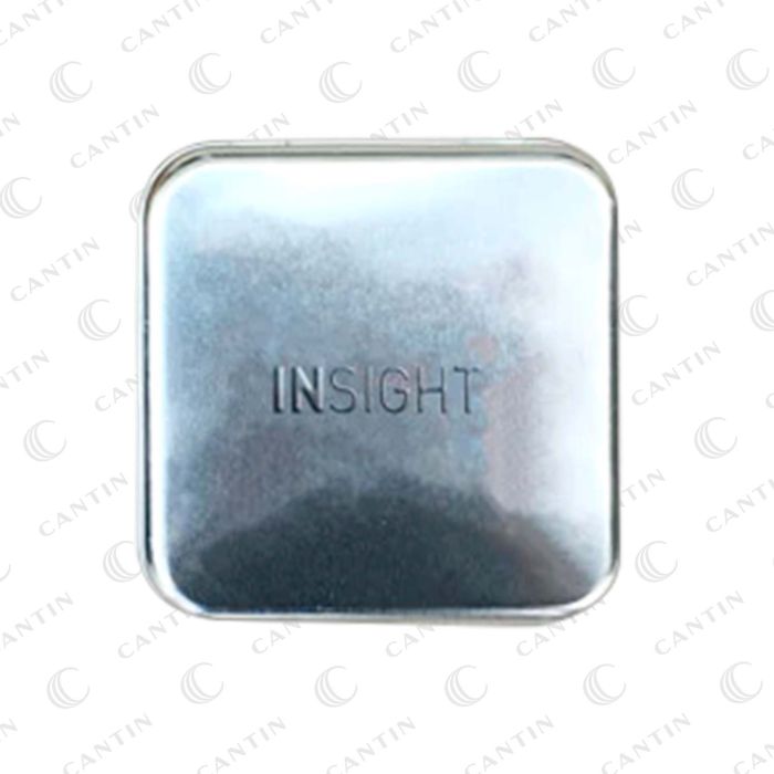ALUMINUM SHAVING SOAP BOX INSIGHT — closed aluminium shaving-soap tin with embossed INSIGHT logo, top view